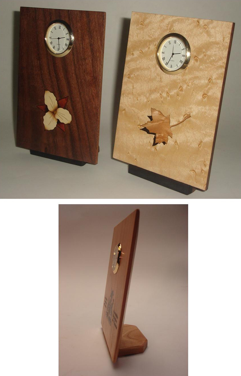 "Flat, Tilted" Clocks - 4" w x 6" h x 2" d - 1 3/8" diameter quartz mechanism.